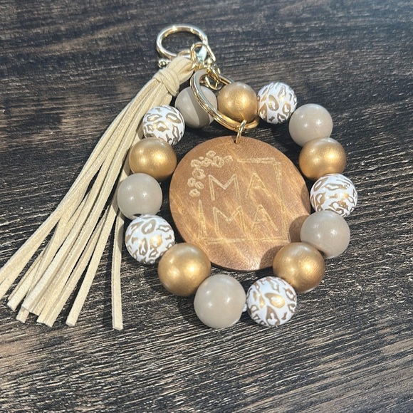 NWT Mama Wooden Beaded Bracelet Keychain with Tassel & Thick Charm Golden & Grey - Picture 2 of 4